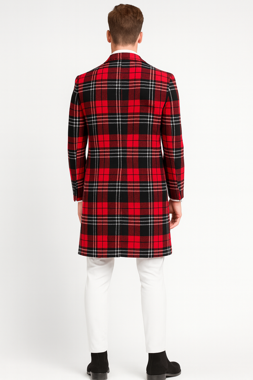 Men's red plaid wool overcoat. Classic tartan check in bright red, black, and white. Long coat silhouette with tailored shape and pronounced shoulders. Mid-thigh length, long sleeves. No visible fastenings or rear pockets.