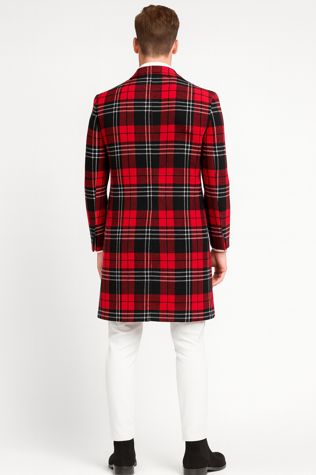 Men’s Red Plaid Wool Overcoat – Classic Tartan Check Long Coat for Stylish Winter Wear