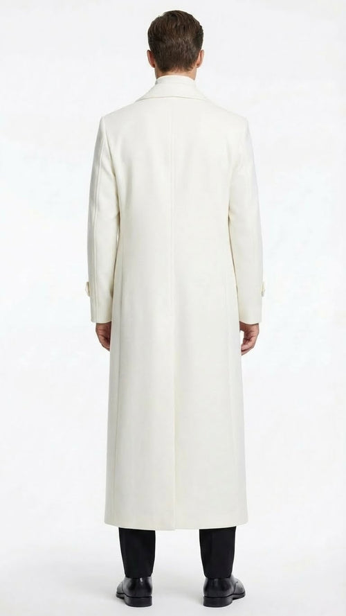 Mens Off-White Long Trench Coat – Overcoat with Classic Clean Design Duster Maxi Coat in Ivory Color