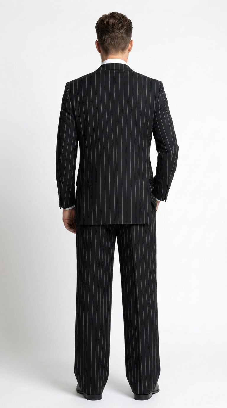 Men’s Black Pinstripe 3-Piece Suit Wool Suit – Classic Fit Single Button Suit with Wide Leg Pleated Pants By Tiglio Russo