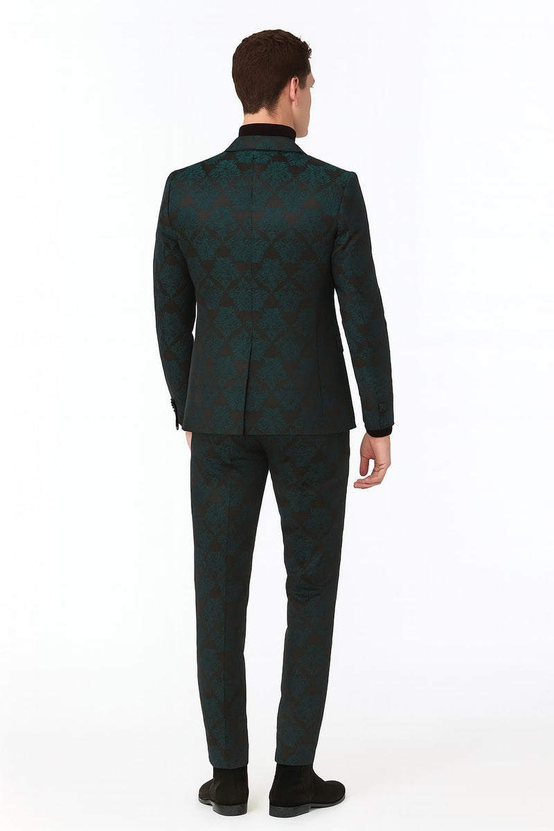 Men's emerald green floral jacquard 3-piece tuxedo. Fitted blazer (single vent, peaked lapels, black buttons), slim-fit trousers, and matching waistcoat. Dark green floral jacquard fabric with black undertones.