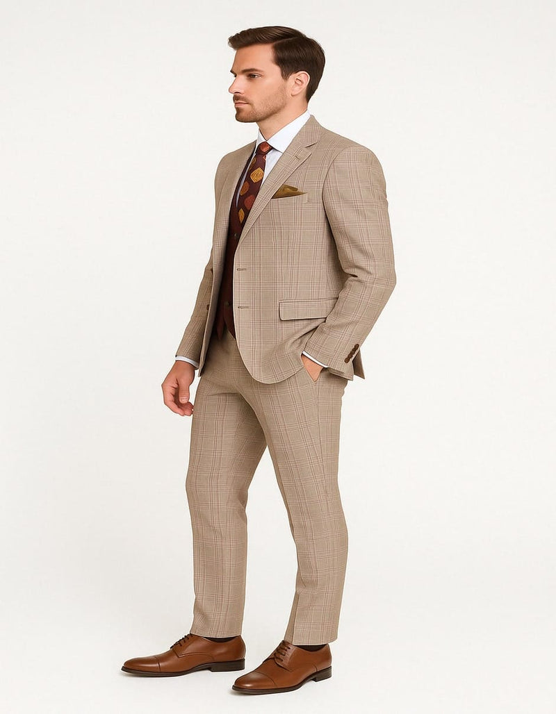 Men's Light Brown Plaid Suit with Burgundy Vest and Colorful Floral Tie Ć¢ā¬ā 3 Piece Set - Taupe Windowpane Pattern