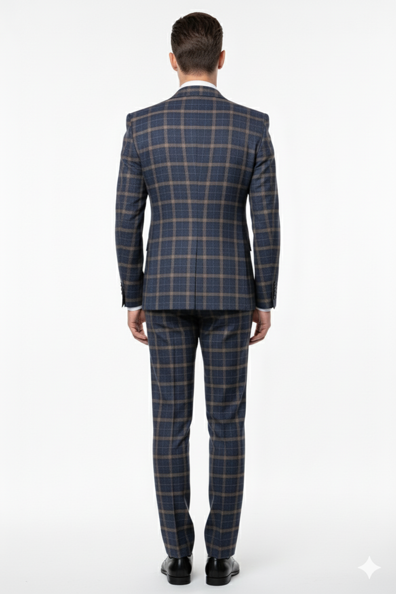 Alberto Nardoni men's double-breasted suit in camel bronze khaki. Tailored fit, structured silhouette with visible plaid. Features a double-breasted front, notched lapels, and matching trousers. Blends camel, bronze, and khaki.