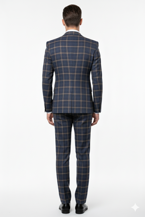 Men’s Navy and Tan Windowpane Double-Breasted Suit | Classic 2-Piece Plaid Dress Suit, Business, and Formal Events By Rossiman