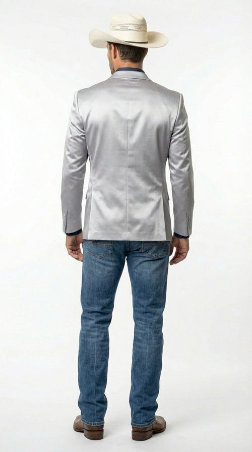 Mens Shiny Silver Cowboy Blazer – Western Style Satin Finish Blazer for Party, Country Events and Evening Wear