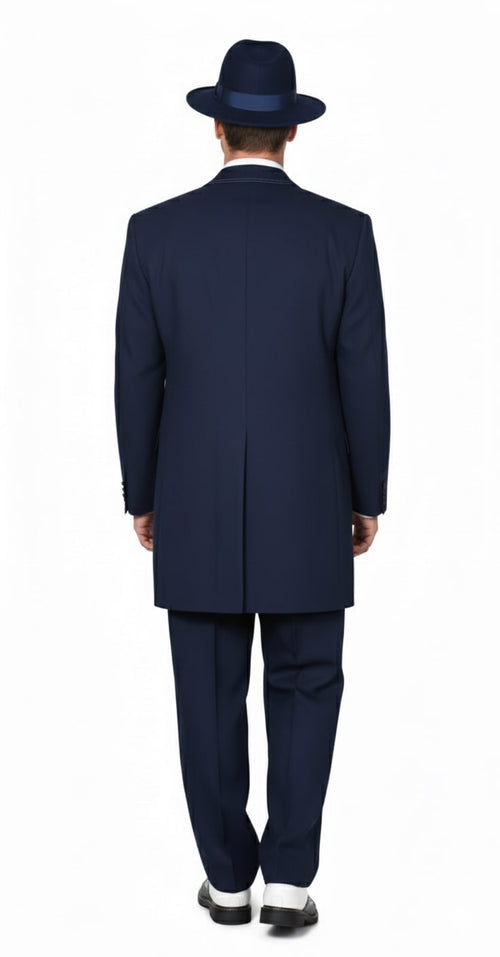 Navy blue zoot suit: long jacket, straight cut, pleated pants, matching fedora. Smooth, lightweight fabric. Classic, stylish design.