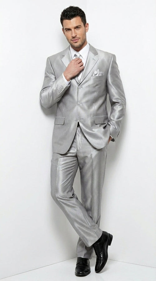 Men’s Silver Grey Sharkskin Suit – 3 Button Classic Fit Shiny Formal Suit for Wedding, Business and Party Wear