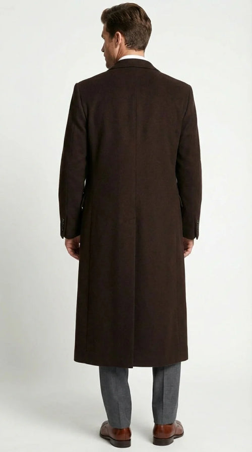 Men’s Brown Long Overcoat – Double Breasted Classic Formal Winter Coat for Business, Topcoat and Cold Weather Wear