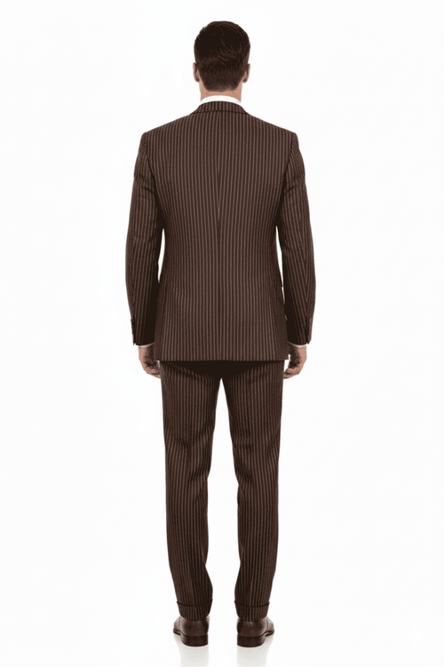 Men's brown 3-piece suit with a fitted jacket, vest, and tapered trousers. Smooth fabric with darker pinstripes offers contrast. The jacket has standard lapels, trousers classic cut.