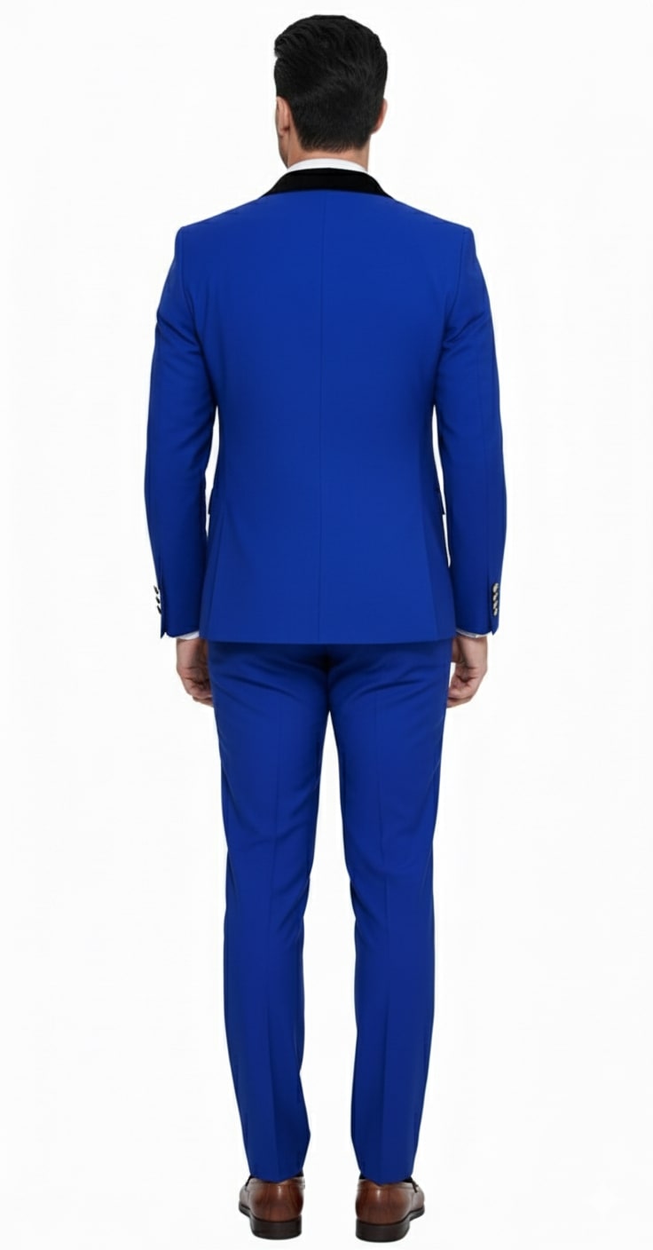 Royal blue, double-breasted men's tuxedo with slim fit. Black satin lapel and matching straight-leg trousers. Tailored fit with structured shoulders for a sleek, modern silhouette.