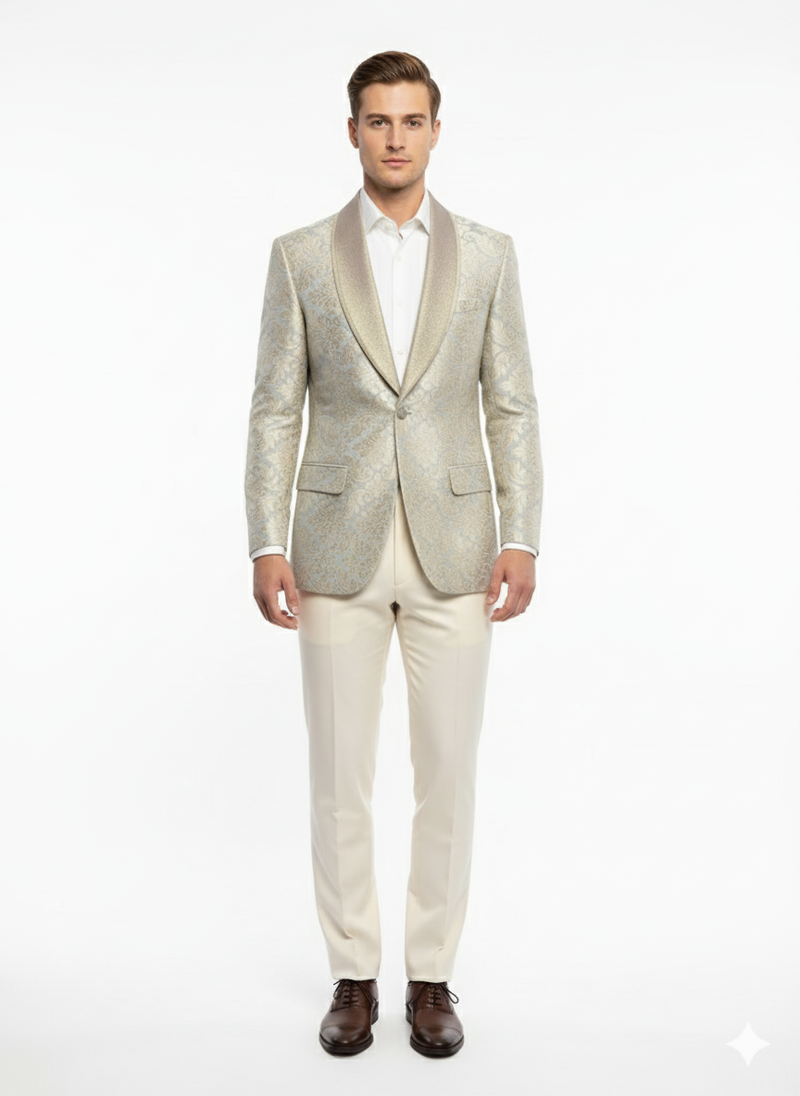 Men's luxury light tan blazer with champagne silver floral embroidery. Shawl collar, two front pockets, and a tailored fit for a sophisticated look.