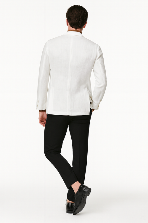 Men's white linen blazer with a classic two-button design and lightweight construction. Features a tailored fit, long sleeves, and a clean, straight back with subtle fabric texture.