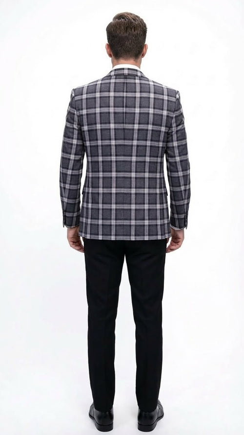 Men's big & tall charcoal/black plaid blazer. Structured silhouette, single vent, notched lapel, button cuffs. Woven fabric, formal/semi-formal wear. Alternating gray/black checks.