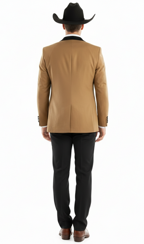 Men’s Western Cowboy Tuxedo – Tan and Black 3-Piece Suit with Satin Lapel and Vest in Mocca Coffee Color