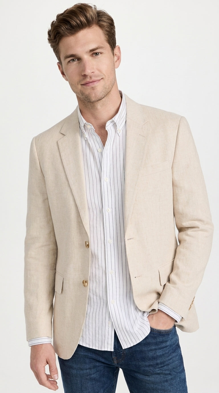 Men’s Light Tan Sport Coat – Classic Two-Button Casual Blazer for Business, Weddings & Smart Casual Wear Modern Fit Linen Fabric