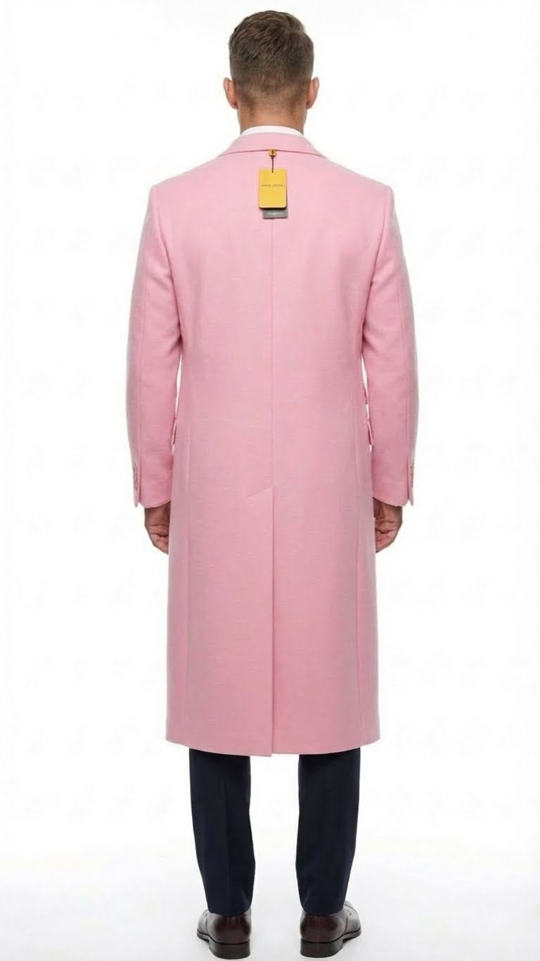 Men's slim fit pink wool blend overcoat. Tailored style with straight back, center vent, and minimal detailing. Long sleeves.