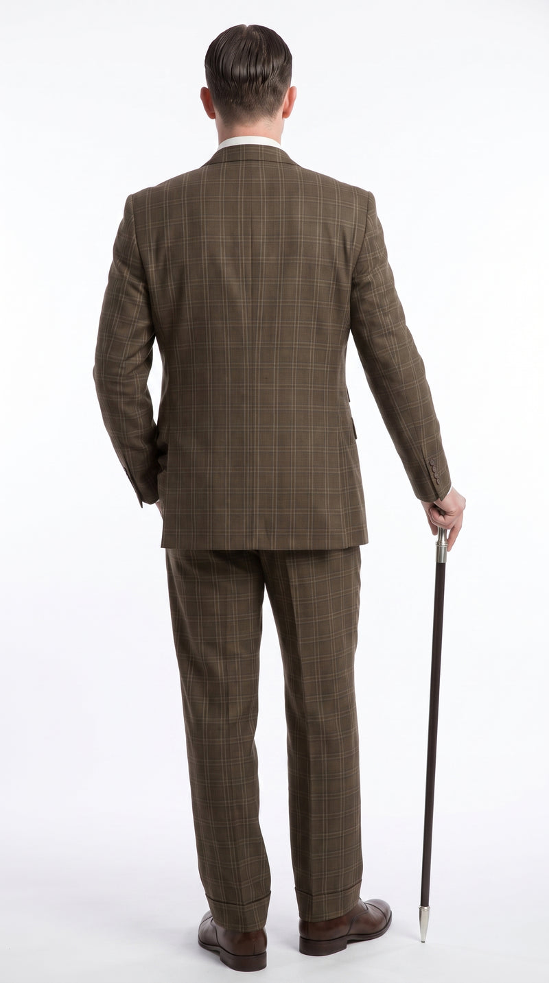 Men’s Edwardian Brown Plaid 3-Piece Suit – Vintage Double-Breasted Vest Wedding and Formal Suit