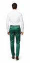 Emerald green satin slim fit dress pants. Shiny, smooth texture, and tapered leg. Two back pockets with button closures.
