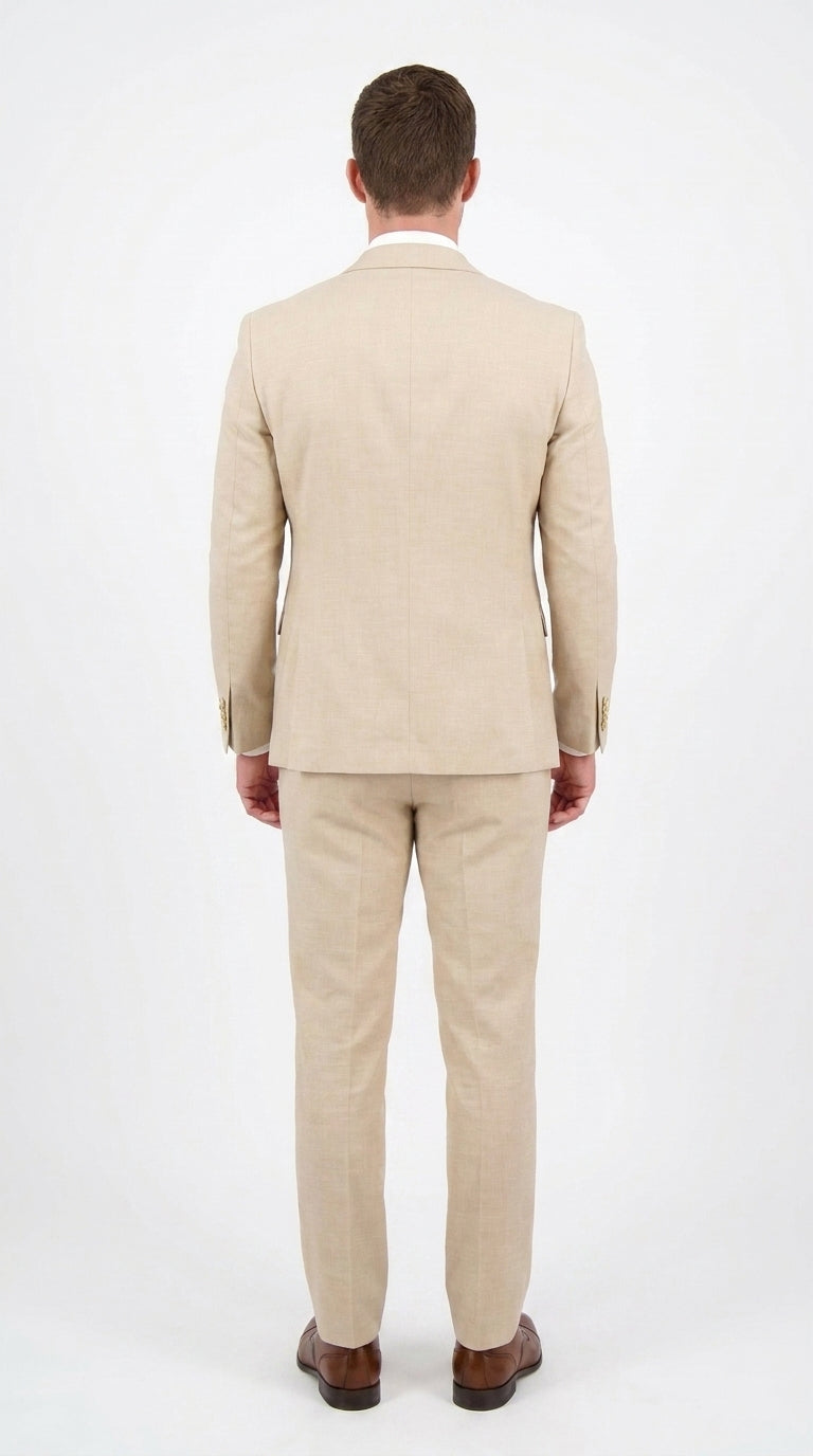 Men’s Khaki Tan 3-Piece Groomsmen Suit – Wedding Suit with Double-Breasted Vest and Pants Great Gatsby Style Gold buttons
