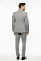 Men's grey/black pinstripe double-breasted suit. Fitted jacket and matching straight-leg trousers. Textured fabric, structured back, and side vents. Classic pinstripe pattern.
