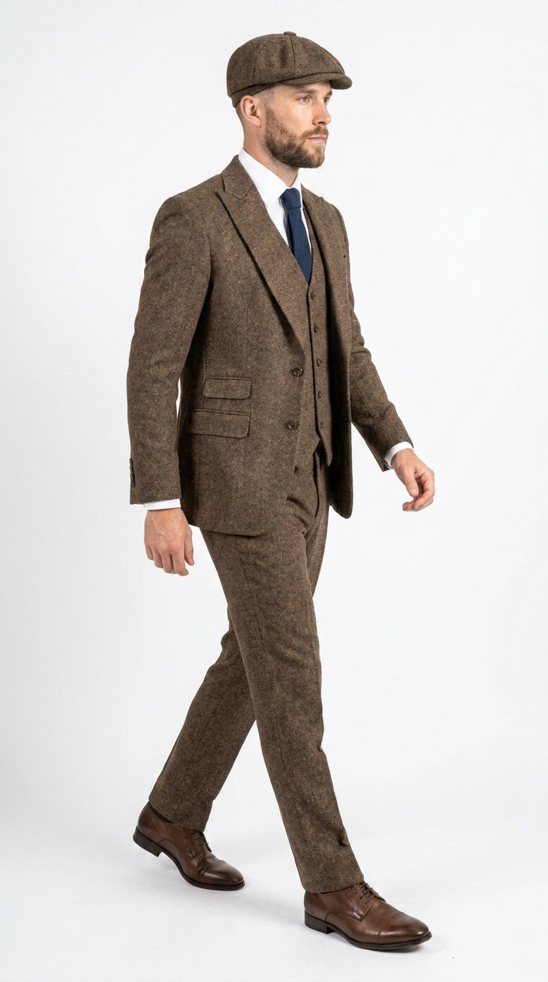 Peaky Blinder Men’s Brown Tweed 3-Piece Suit – Vintage Wedding, Business and Formal Suit with Matching Vest and Pants