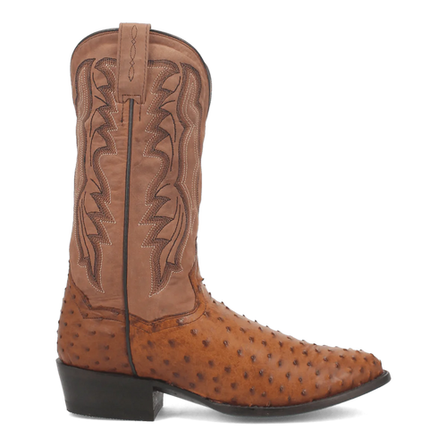 Dan Post Tempe boots in saddle brown. Men's full quill ostrich leather. Round toe. Tall shaft with decorative stitching.