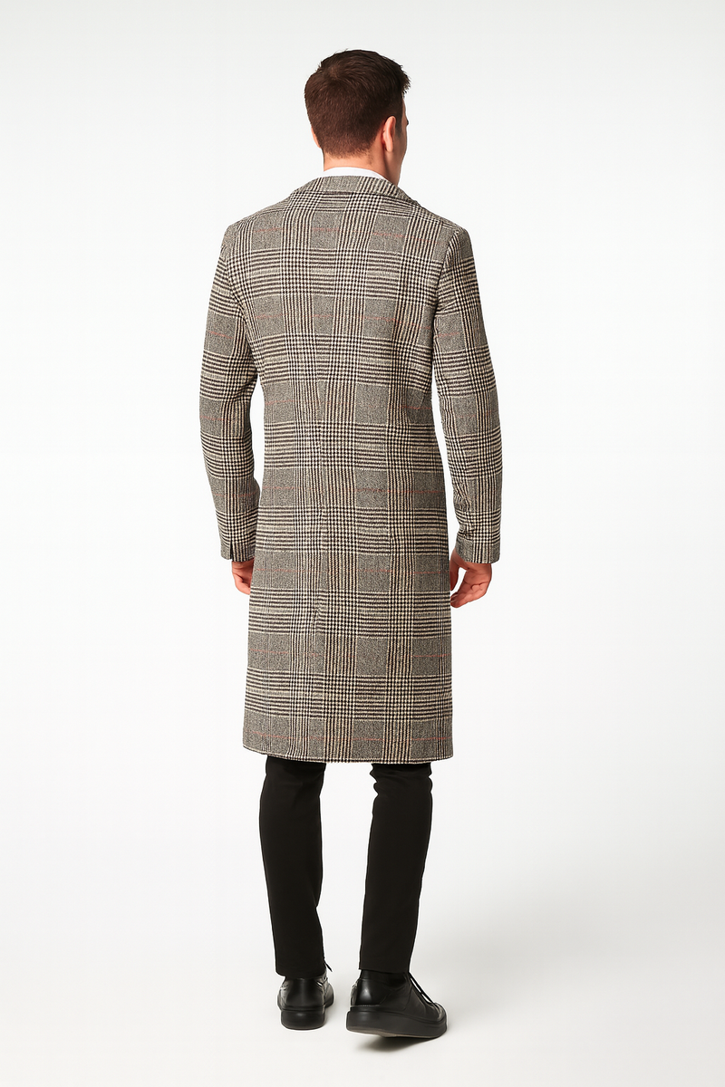 Men's gray plaid overcoat with wool blend. Classic checkered pattern, straight silhouette to mid-calf, notch collar, long sleeves. Subtle red accents woven. Tailored appearance.