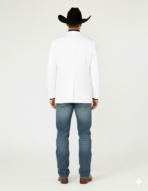 Men's white western blazer with black collar. Classic cowboy style, tailored fit, long sleeves, single-vent back. Smooth fabric (blend). Paired with blue jeans and brown boots for formal cowboy look.
