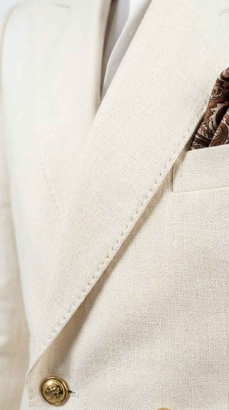 Men’s Ivory Linen Double Breasted Blazer, Lightweight Wedding Dinner Sport Coat Jacket Cream Off White