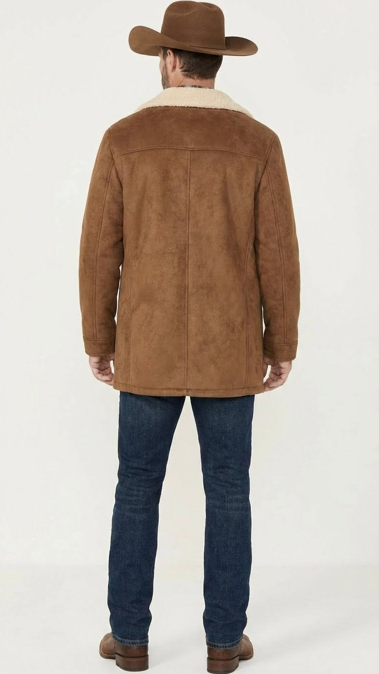 Men's brown western faux suede blazer coat featuring a structured form with a straight cut, a collar lined in a lighter material, and distinct seams on the back.