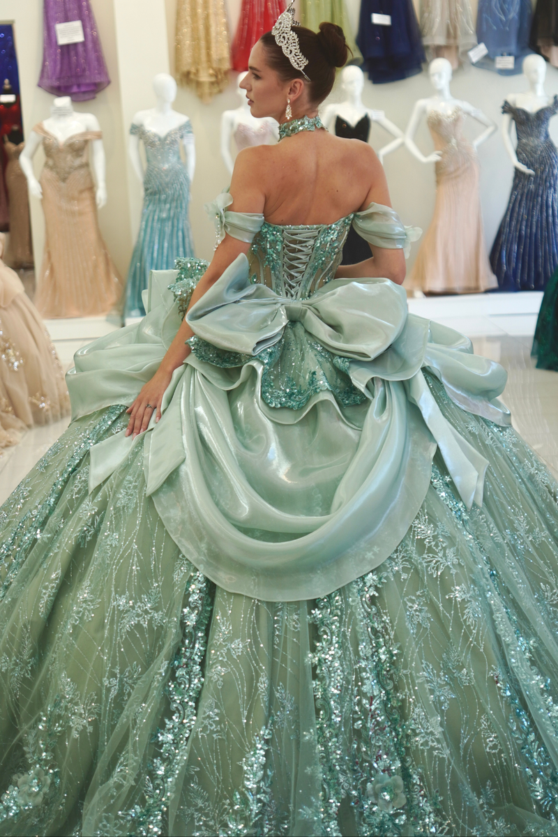 Off-Shoulder Sweetheart Beaded Corset Glitter Ball Gown QuinceaƱera Dress by Layla K LK313