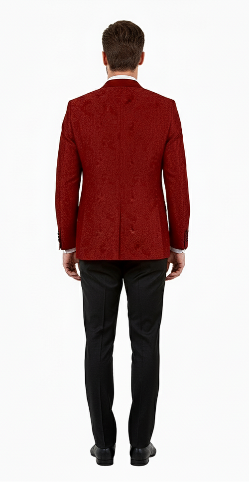 Burgundy paisley tuxedo jacket designed for big and tall men, featuring a structured cut and intricate paisley pattern. The jacket has a single back vent and is complemented by black trousers.