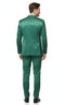 Men's emerald green shiny sateen slim-fit suit. Two-piece set includes a blazer (single vent) and pants. Smooth, shiny fabric for a modern, body-hugging silhouette.