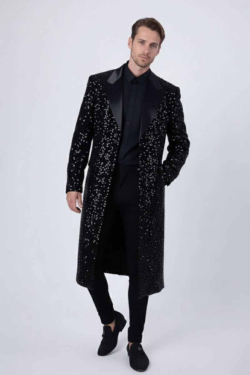 Men's black sequin long coat with a straight silhouette and lengthy design. Features sequin embellishments and a satin shawl lapel.