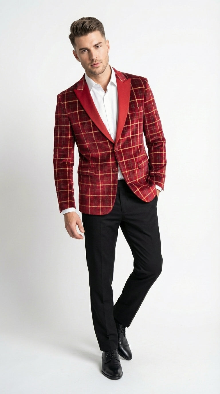 Mens Red Burgundy Plaid Blazer with Contrast Lapel – Velvet Fabric Check Prom Blazer Jacket for Party, Christmas New Year Holiday Jacket