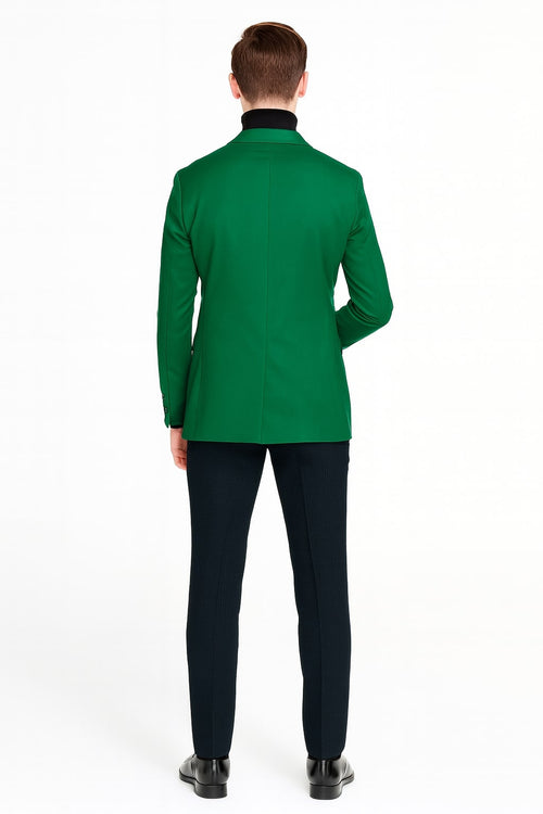 Alberto Nardoni men's green blazer. Tailored fit, high collar, structured shoulders. Smooth green fabric, plain back, contrasting cuffs. Streamlined silhouette, ideal for slim-fit trousers.