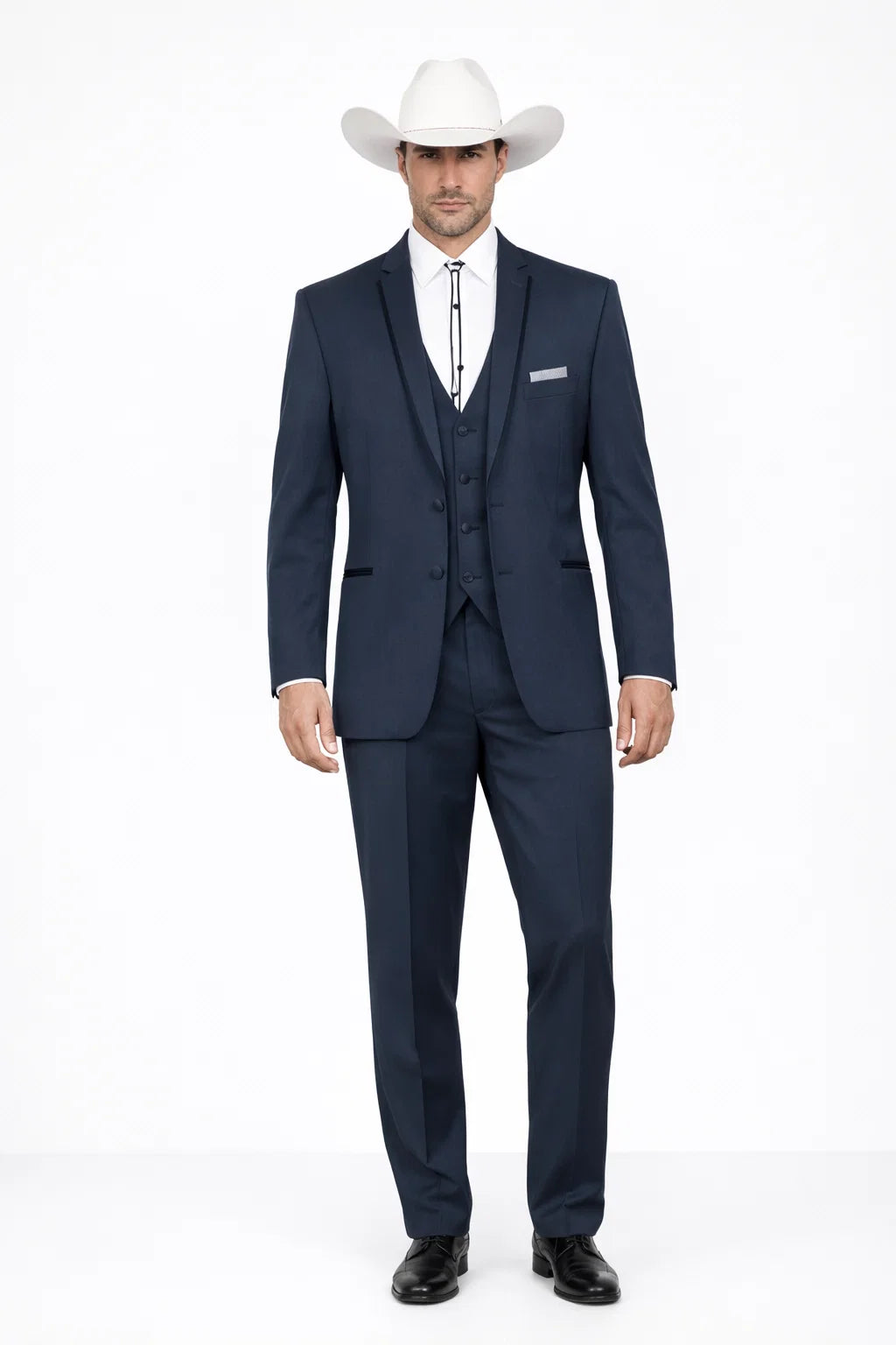 2 Button Vested Satin Trim Lapel Cowboy Tuxedo in Navy