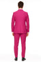 Men's hot pink tuxedo. Smooth, solid fabric. Shawl lapel jacket with tailored fit, center vent. Slim-fit pants. Uniform hot pink color. Perfect for a bold statement.