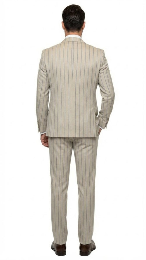 Men's beige three-piece suit by Alberto Nardoni. Features a blue pinstripe pattern, fitted blazer, matching trousers, and waistcoat. Light-colored fabric with structured tailoring.