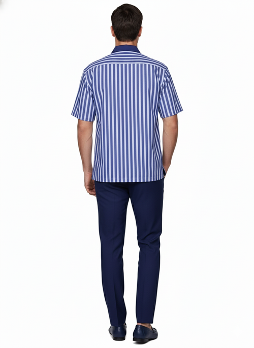 Blue and white striped short sleeve shirt with a collared neckline. Paired with tailored navy blue, straight-cut pants. Classic contrast and fit.