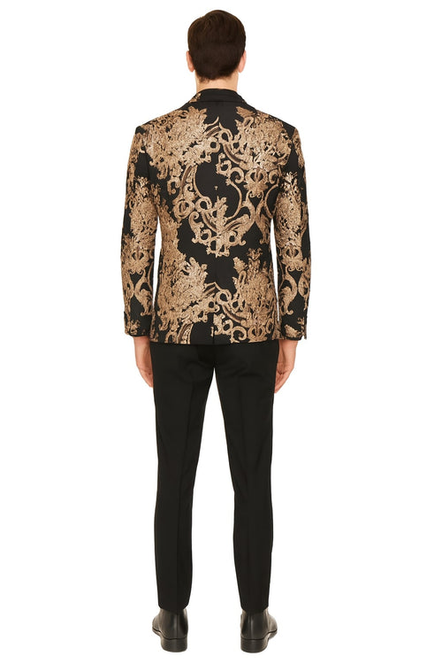 Men's black blazer with rose gold floral embroidery, fitted silhouette. Includes matching black pants for a complete, stylish look.