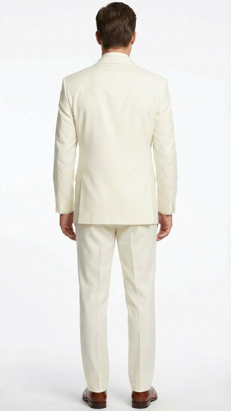 Ivory men's tuxedo suit: satin notch lapel, tailored fit, light-reflecting fabric. Clean back design. Includes matching ivory tailored pants.