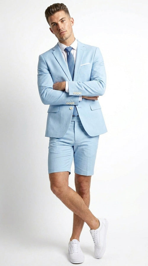 Men’s Light Blue Suit with Shorts – Casual Summer Blazer and Shorts Set for Wedding, Party and Smart Casual Wear