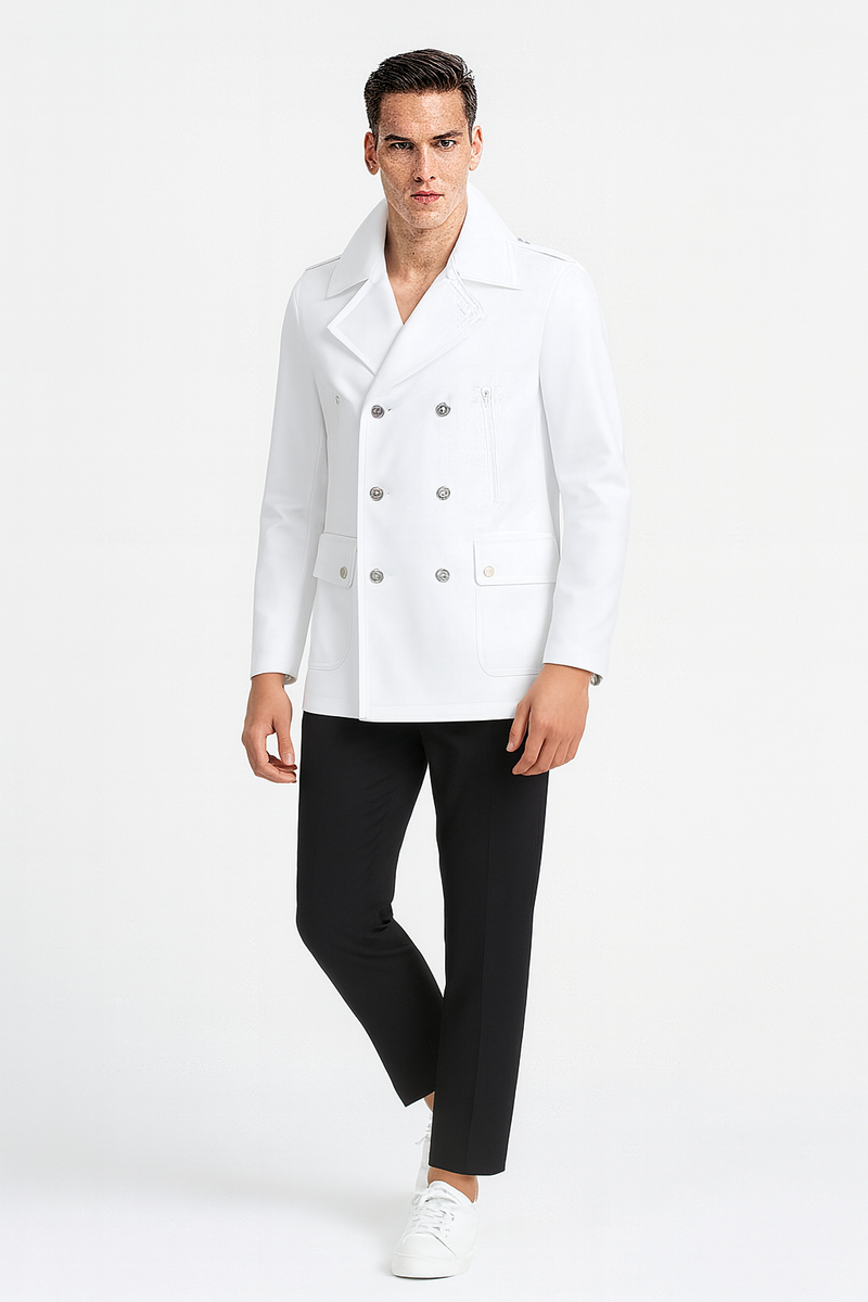 Men's white wool peacoat. Slim fit, double-breasted design with notched collar, flap pockets, and silver buttons.