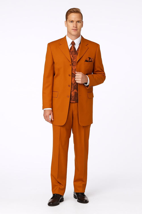 Men's rust 3-piece suit by Alberto Nardoni. Features a blazer (notched lapel, 3 buttons, pockets), vest (patterned fabric), and straight-leg trousers. All matching rust color.