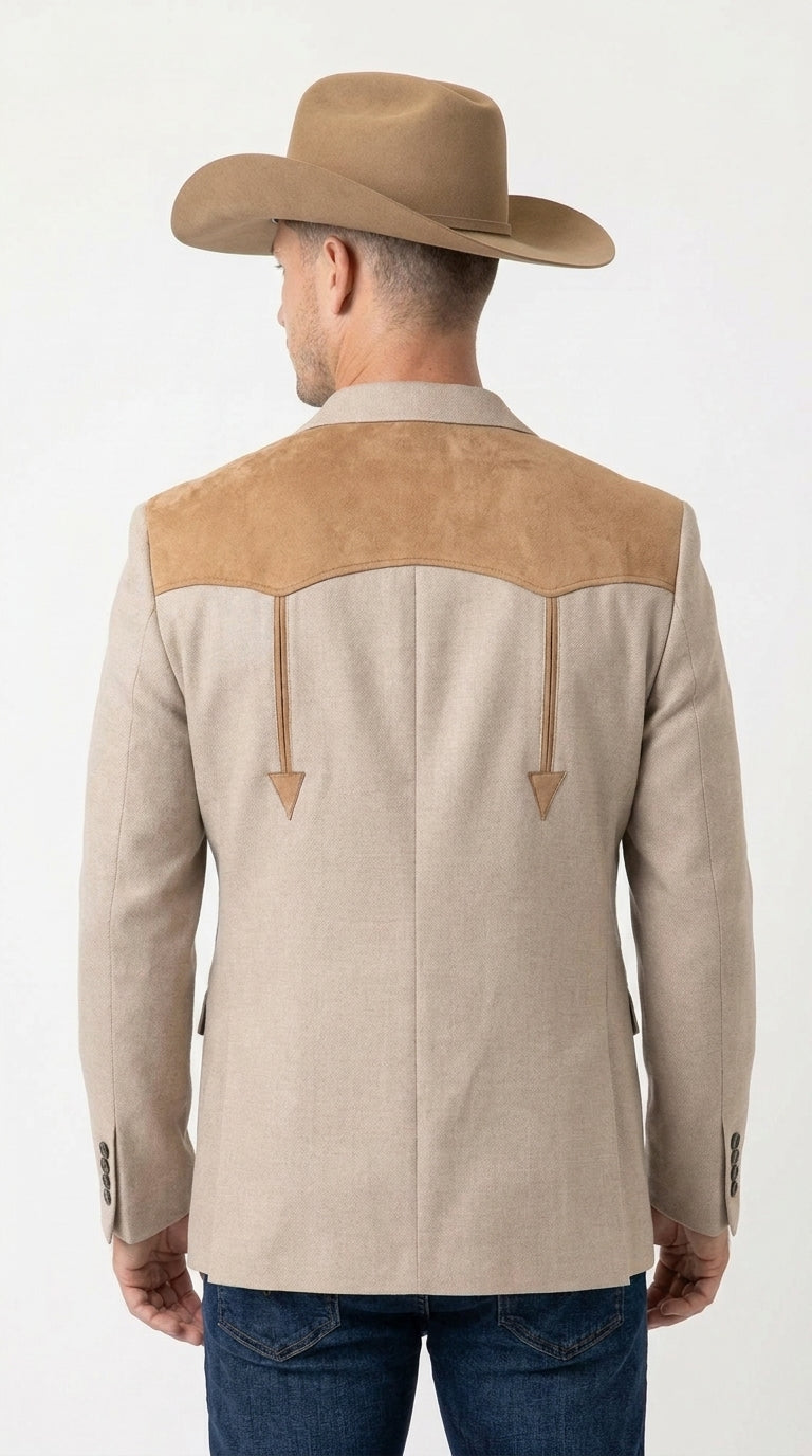 Men’s Khaki Western Blazer – Cowboy Sport Coat with Suede Yoke Detail
