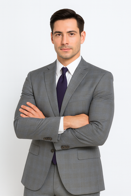 Mens 2 Button Peak Lapel Modern Plaid Suit in Grey