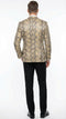 Men's beige & black snakeskin print blazer. Fitted, structured silhouette with a tailored cut, notch lapel, and single back vent. Synthetic fabric with textured snakeskin pattern; long sleeves & two-button closure.