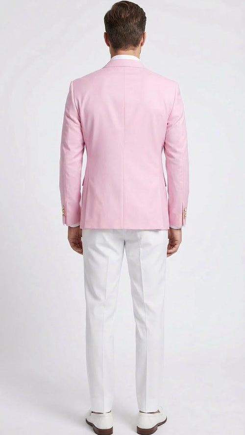 Men’s light pink double-breasted blazer sport jacket features a smooth fabric with a tailored fit. The back view displays two side vents and structured shoulder seams.