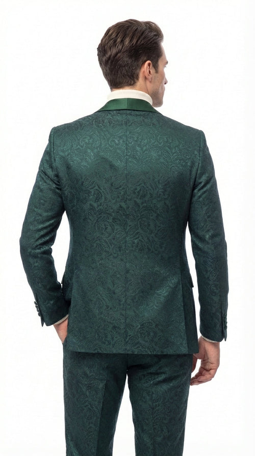 Mens Hunter Green Wedding Tuxedo Suit – Paisley Pattern Three Piece Formal Suit Set with Shawl Lapel for Groom, Prom in Emerald green